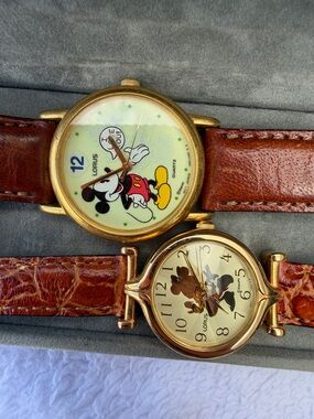 Lorus Mickey Mouse his and hers set Gold-Tone Watch with Brown Leather Strap